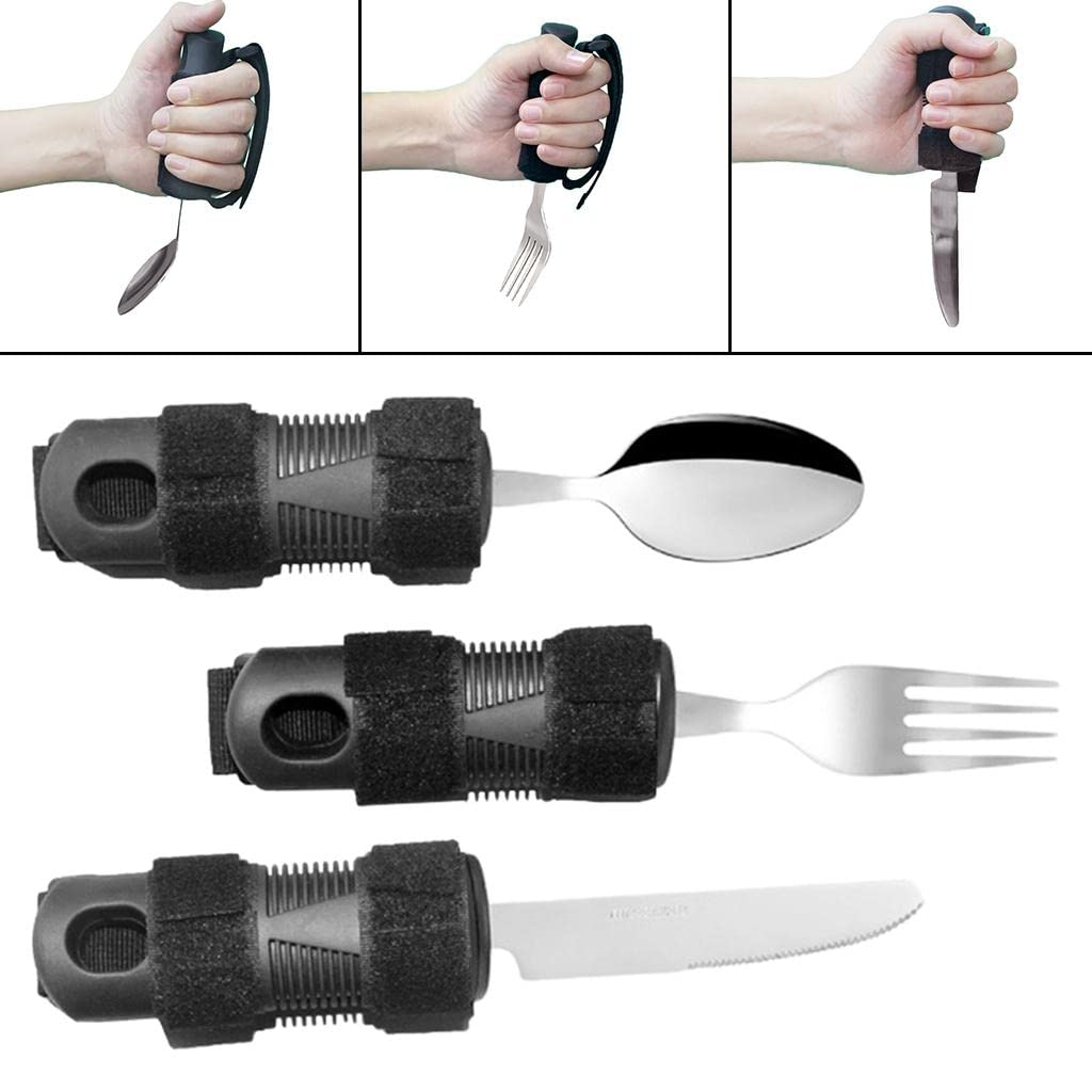 3 Stück Behindertengeschirr Speisebesteck Set Gabel Löffel Messer Silikonriemen Verdickter Ergonomischer Griff aus Edelstahl für Kinder Erwachsene, Löffelgabelmesser