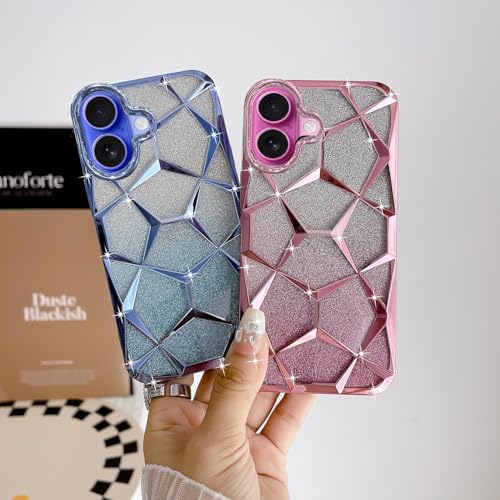 Image of VONZEE Gradient Glitter Case for iPhone 16 Plus, Luxury Electroplated 3D Cube, Diamond Bling Shiny Soft TPU Clear Shockproof Women Girls Protective Phone Cover (Sierra Blue)