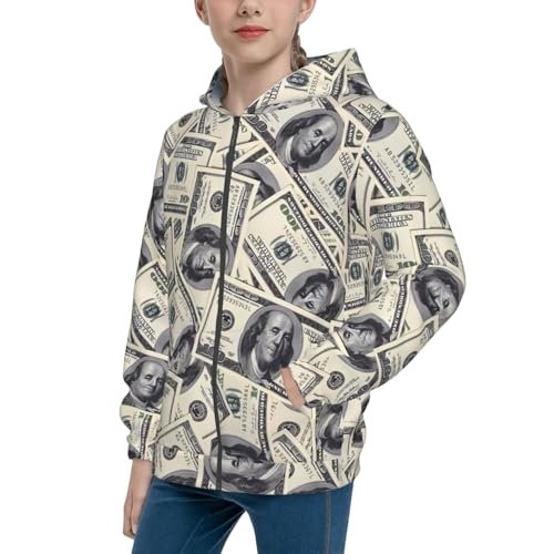 Funny American Dollar Money Kids Pullover Hoodies Boys Zip Up Sweatshirts Girls Athletic Clothes with Pocket