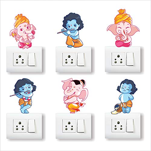 AH Decals Vinyl Decorative Religious Ganesha Ganeshji Light Switch Board/Panel Wall Stickers - Multicolour , Set of 6