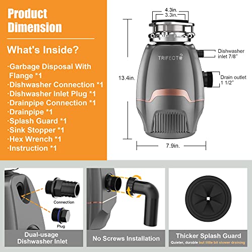Trifecte Pro 3/4 Hp Garbage Disposals With Sound Reduction,Food Waste Coutinuous Feed Garbage Disposal With Power Cord, Dishwasher Hook Up #TOP4