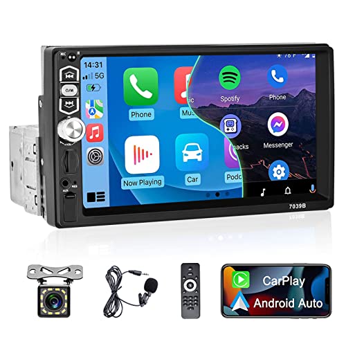 Podofo Autoradio 1 Din con Carplay e Android Auto, Auto Radio Stereo con 7 Pollici Schermo con Bluetooth, Radio FM, SWC, Collegamento Speculare + Telecamera di Retromarcia & Mic