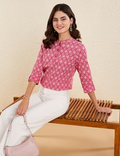 Image of Amazon Brand - Myx Women's Screen Print Straight Printed Regular Cotton Short Kurti (Available in Plus Sizes)