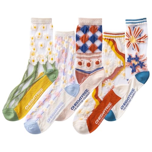 Vintage Fashion Nylon Flower Mesh Socks for Women, Jacquard Women’s Summer White Sheer Ankle Sock