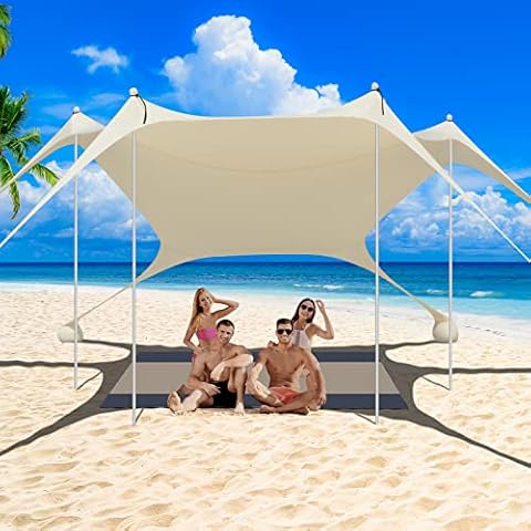 Pop Up Beach Tent Sun Shelter UPF50+, Windproof Sun Shade with Beach Blanket, Outdoor Shade Canopy for Camping Trips,Fishing,Sand ShovelPicnics,Backyard (320X320CM 4 Poles, Beige) Cover