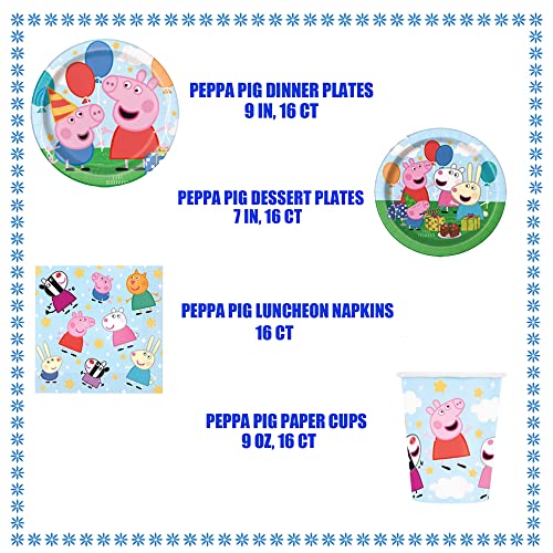Peppa Pig Birthday Party Supplies Pack For 16: Happy Birthday Banner, Dinner Plates, Dinner Napkins, Dessert Plates, Cups, Tablecover, Candle, Red And Blue Balloons #TOP1