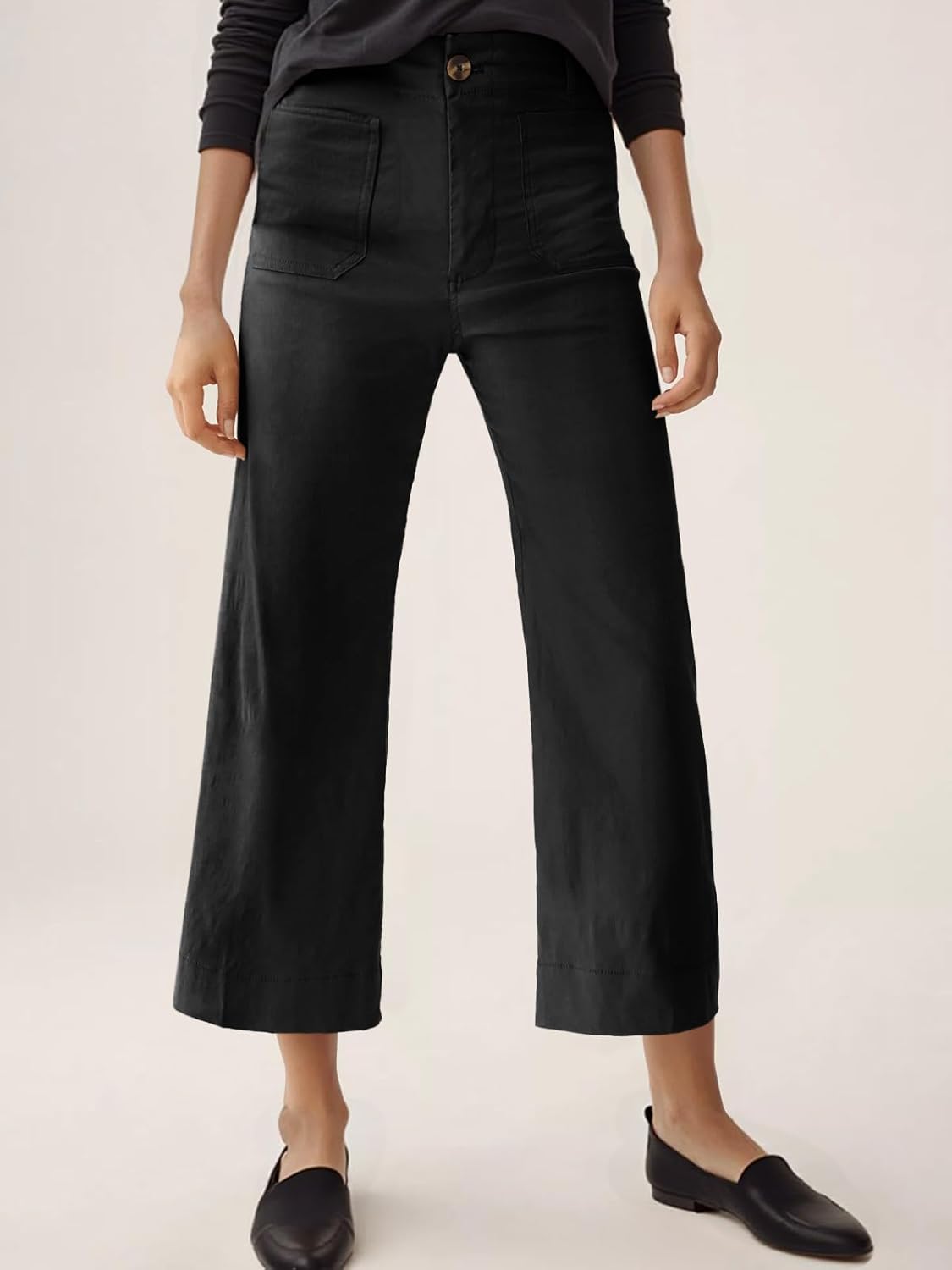 Cicy Bell Womens Cropped Wide Leg Pants High Waisted Stretchy Flare Pants Casual Baggy Trousers Black - Image 3