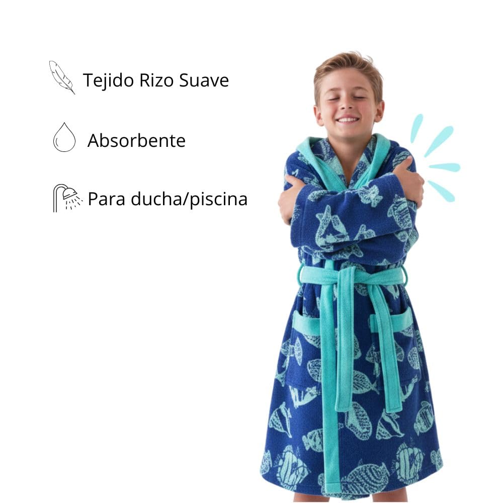 Albornoz Niño Niña Adolescente 100% Algodón OEKO-TEX® Toalla Rizo Bolsillo Cinturón Capucha Ducha Piscina
