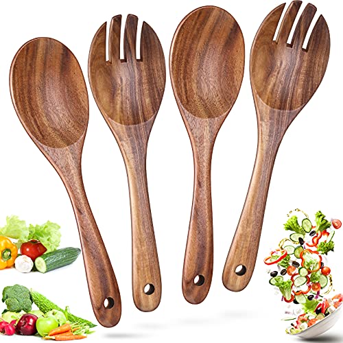4 Pieces 10.2 Inch Wood Salad Spoons Salad Servers Wooden Serving Spoons and Long Wood Serving Forks Non-Stick Teak Wooden Server Tools for Kitchen Restaurant Gravies Pasta, Easy to Clean