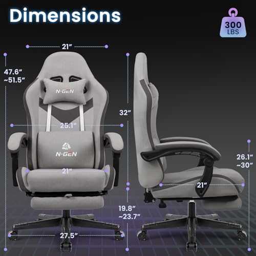 Image of N-GEN GAMING Video Gaming Chair Office Computer Desk Use Ergonomic Reclining Backrest Adjustable Armrests Lumbar Support Footrest High Density Foam Breathable Fabric Heavy Duty Base (Grey)