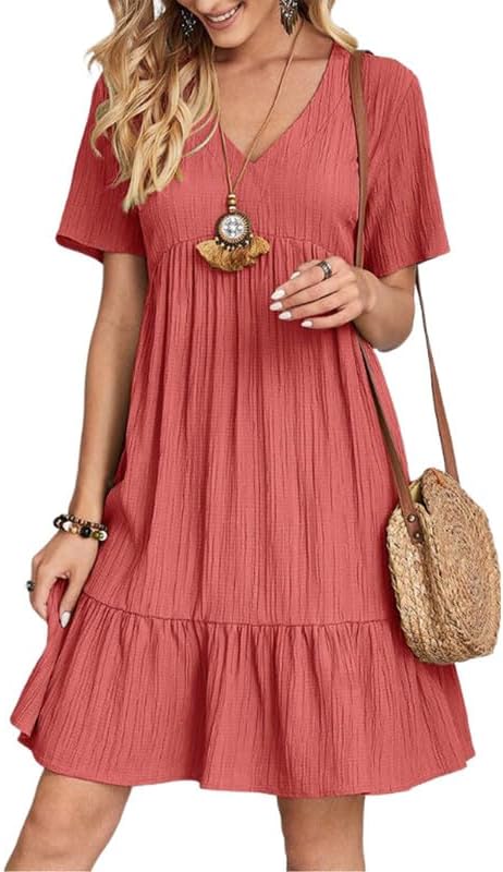 Size L (color is orange) Womens Summer Dresses V-Neck Flutter Sleeve Flowy Short Dress Casual Mini Dress A-Line Ruffle Tiered Swing Dresses Red