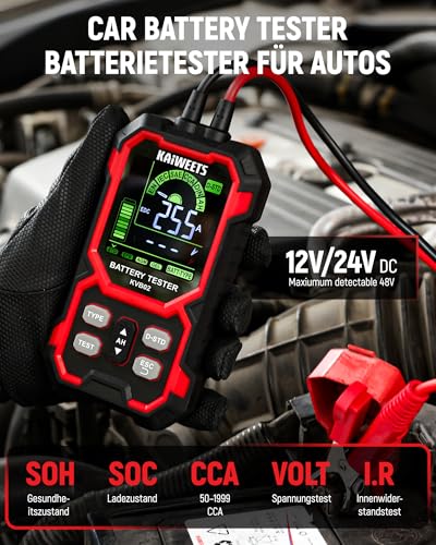 KAIWEETS Batterietester KFZ 12V/24V Digital Autobatterie Tester 50–2000 CCA mit SOH/SOC Analyse LCD Batterie Prüfgerät mit Cranking-Test für Auto SUV Motorrad