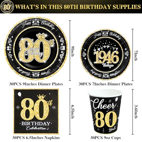 Image of 80th Birthday Decorations Black and Gold, Service for 30, Vintage 80th Birthday Party Supplies Includes Black Vintage 1946 Plates, Napkins, Cups, Plates and Napkins for Men Women