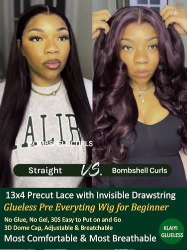 Image of KLAIYI Black Cherry Loose Body Wave Pre Eeverything 13x4 Lace Frontal Wigs Human Hair Bye Bye Knots Glueless Ready to Wear and Go Wig with Face Framing Bangs Drawstring Pre Plucked Burgundy Wig 16Inch