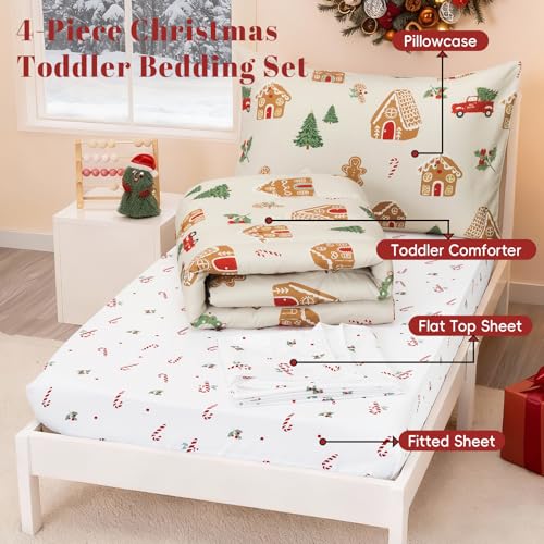 Image of PHF 4 Piece Toddler Bedding Set, Ultra Soft Toddler Comforter Sets Include Comforter, Fitted Sheet, Flat Top Sheet and Pillowcase in A Bag for Baby Bedroom, Christmas Holiday