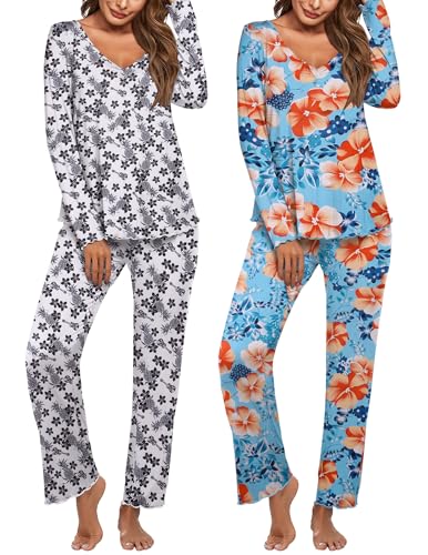 Image of Ekouaer Womens 2 Pack Pajama Set Long Sleeve Pajamas Top and Pants V Neck Pjs Set Soft Sleepwear Loungewear