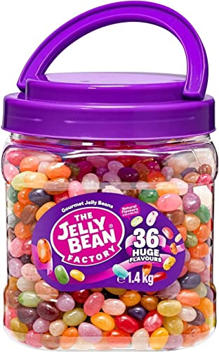 Jelly Bean Factory Beans 1.4kg Jar with Carry Handle. HALAL & KOSHER COMPLIANT |Christmas Stocking Filler | Ideal Present | 36huge Flavours | Kids Favourite Chewy Beans | Sold by ESSENTIAL PRODUCTS