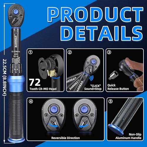 Image of 1 /4 Inch Drive Click Torque Wrench 10-50 IN-LB,Dual-Direction Click Professional Torque Wrench 10-50IN.LB /1.1-5.7N.M, Dual Range Scales Graduated in FT.LB and N.M, Blue