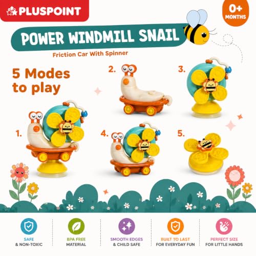 Image of PLUSPOINT Snail-Shaped Friction Powered Spinner Toy for Babies & Toddlers | Colorful Suction Cup Spinner for Window & Bath | Sensory Montessori Activity Toy for Fine Motor Skills