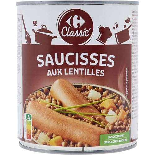 Lentilles aux saucisses CARREFOUR CLASSIC plat cuisiné lot de 4 boîtes 840g