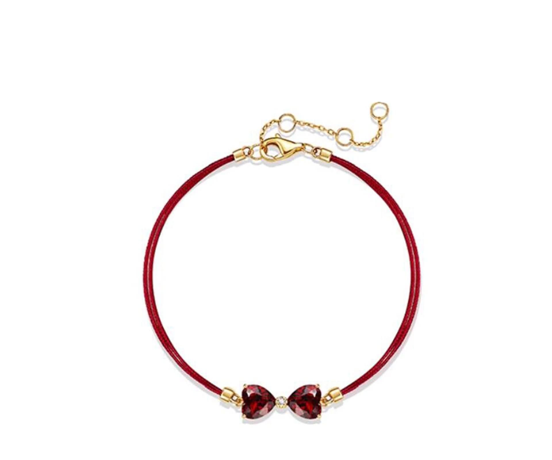 Pulsera de la amistad de oro de doble cuerda con granate y diamante de 2 quilates, pulseras de oro de 14 quilates para mujer, 19 + 3 cm