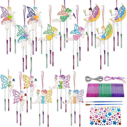 CHGCRAFT 15Set Fairy Painting Wooden Wind Chime Fairy Wind Chime Kit Wooden Arts and Crafts for DIY Paint Art Activity for Party Decoration Birthday Gifts