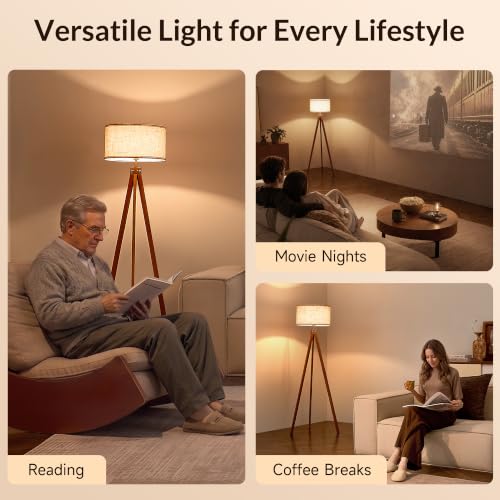 Image of LEPOWER Tripod Floor Lamp Mid Century Modern Standing Lamps for Living Room | Light-Diffusing Linen Shade, Premium Rubberwood Tripod with E26 Base, Adding Warmth to Bedroom, Office & Study Corner Brown