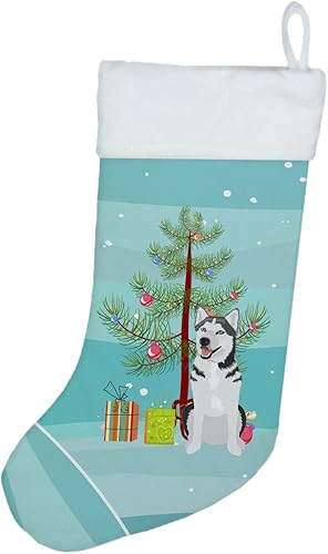 Caroline's Treasures WDK3074CS Husky siberiano plateado y blanco #1 calcetín de Navidad para chimenea, medias colgantes de temporada de Navidad,