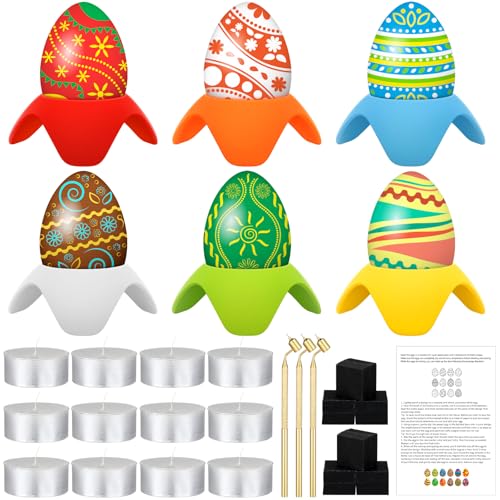 Threlaco 34 Pcs Ukrainian Easter Egg Pysanky Decorating Kit Supplies Kit Include 3 Tip Applicator 12 Beeswax 12 Candle 6 Stand 1 Instructions for DIY Ukrainian Easter Egg Decor(0.3 0.4 0.5 mm)