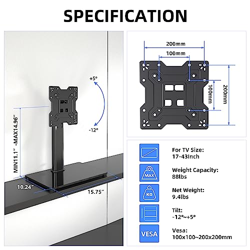 Image of XINLEI Universal TV Stand Base, Table Top TV Stand for 17-43 Inch LCD /LED TVs, Height Adjustable Monitor Mount Stand with Tempered Glass Base Holds up to 88lbs VESA 200x200mm, TS103