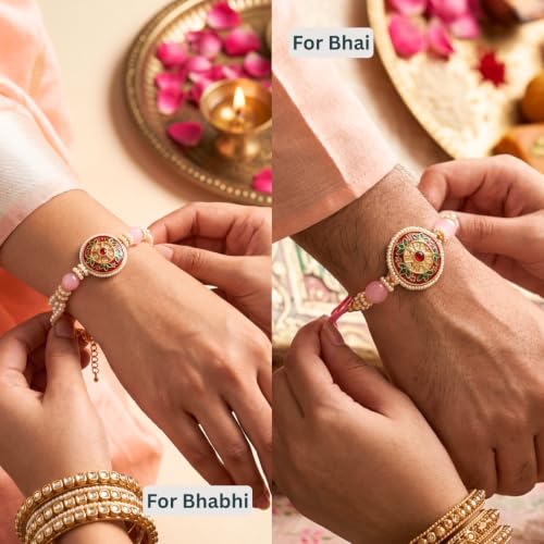 Image of Traditional Meenakari Kundan Bhaiya Bhabhi Rakhi Set | Elegant Lumba Bracelet for Bhabhi and Designer Bracelet for Bhaiya | Premium Rakshabandhan Gift Set