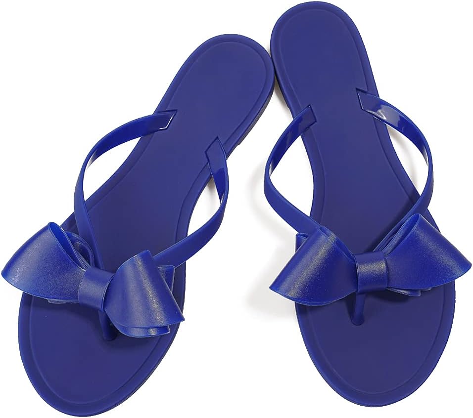 TYFLOVEWomen Rivet Flip Flops Studded Jelly Thong Sandals with Bow Summer Bowtie Flat Beach Rain Shoes