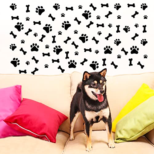 Quanyuchang Set mit 76 Hunde-Dekor-Aufklebern: schwarze, matte Vinyl-Hundepfoten-Aufkleber, Knochen, Fußabdruck, Aufkleber für Wand, Glas, Möbel und mehr