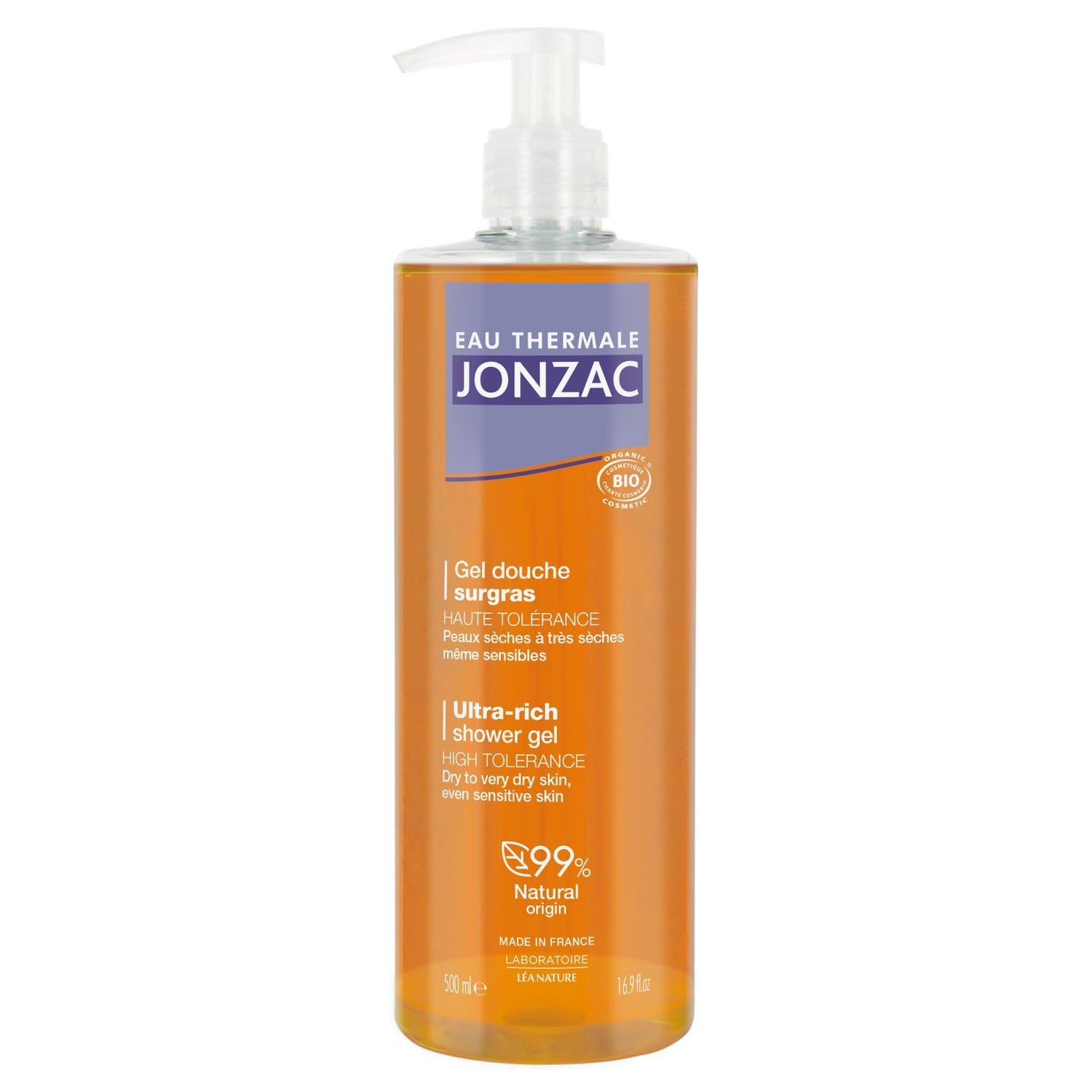 Confort durable pour peaux sèches à très sèches — EAU THERMALE JONZAC Gel douche surgras haute tolérance Bio, 500mL - Lot de 3