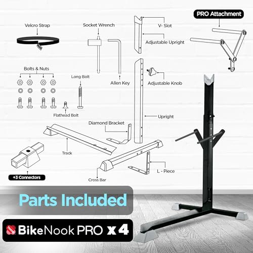 Image of Bike Nook Pro Stand & Vertical Storage Rack - 4 Pack with connectors - The Original Vertical Bicycle Floor Stand for Garage Storage and Indoor and Outdoor use, No Drilling Required