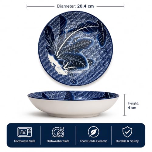 Image of Ceramic Dinner Plates, Blue Floral Printed Plates, Premium Ceramic Tableware, Microwave & Dishwasher Safe, Elegant Serving Plates for Home, Kitchen & Dining(Botanical Leaf Pattern, Pack of 2)