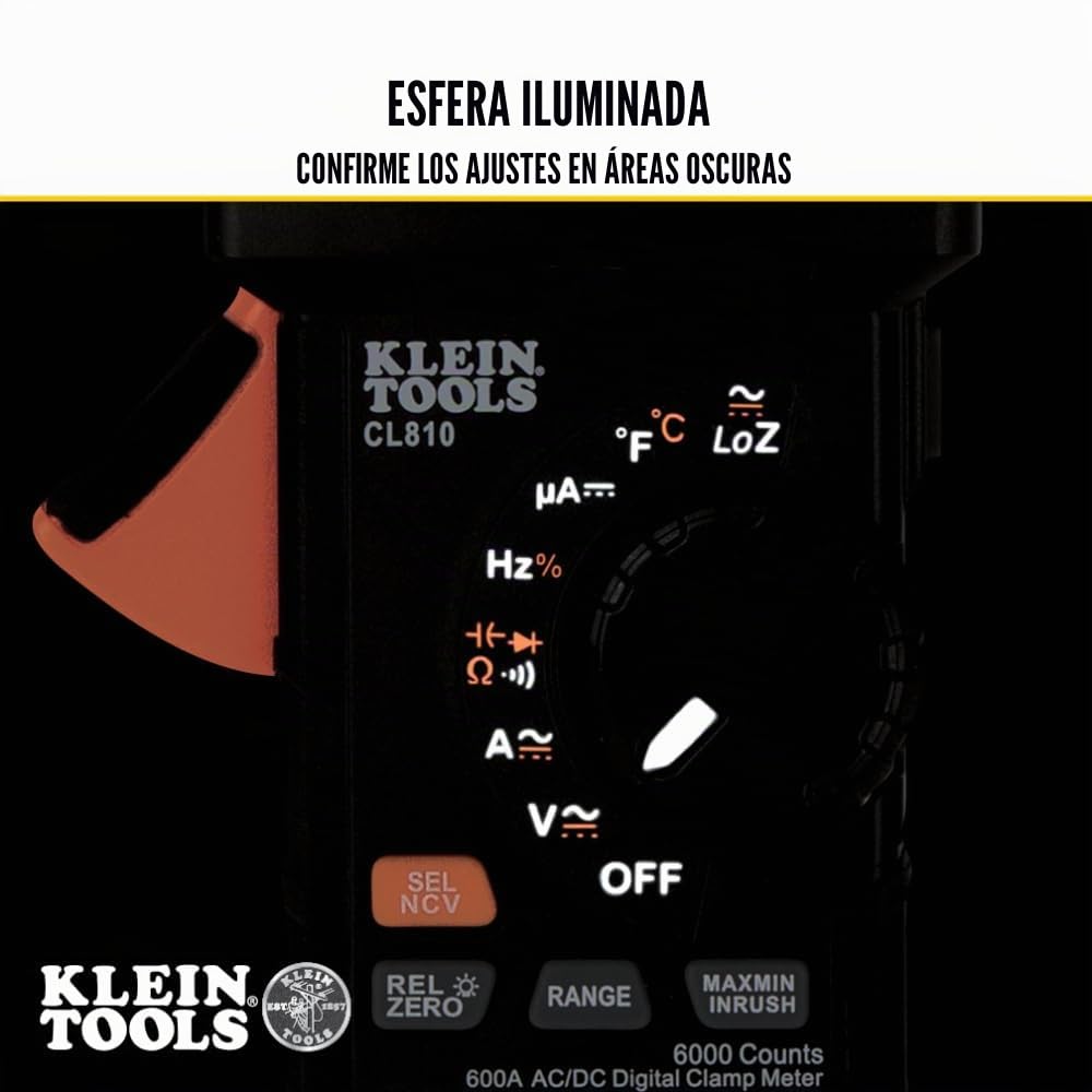 Klein Tools CL810 Pinza Amperimétrica Digital 600A AC/DC | Multímetro de Pinza TRMS Auto Rango | Voltaje Resistencia Frecuencia Capacitancia Temperatura Inrush | NCV LoZ | Luz de trabajo CAT III
