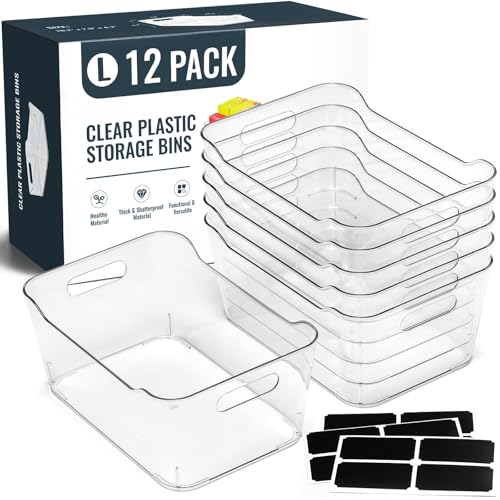 12 PACK Multi-Use Clear Plastic Storage Bins for Organizing w/Labels – Home, Kitchen, Pantry, Bathroom, Office, Cabinet Shelf Organizer Bins – SOHO Collection, RV, Fridge Organization Containers – L