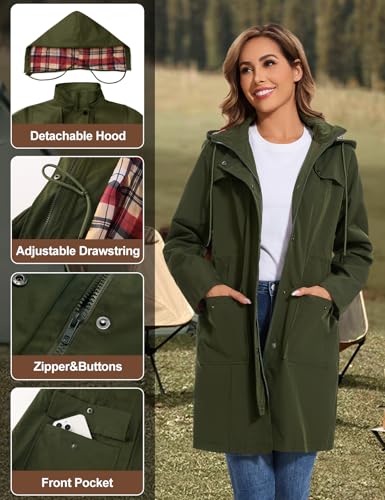 Tuopuda Regenjacke Damen Wasserdichte Übergangsjacke Lange Regenmante Windbreaker Jacke Leicht mit Abnehmbare Kapuze Regenparka Atmungsaktiv für Frühling Sommer Herbst, Armeegrün, XL
