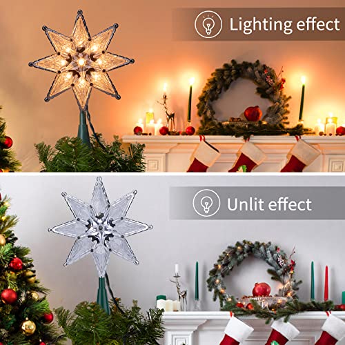 11” Christmas Star Tree Topper Retro Acrylic Octagram Star Treetop Built In 10 Bulbs Octagram Star Topper Plug In Green Cord (4 Bulbs 1 Fuses Spare) For Christmas Tree Decorations,Clear #TOP3