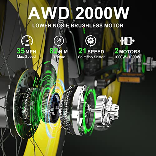 Zeegr Smlro Electric Bike For Adults,Dual Motor Awd 2000W 35Mph E Bike 48V 22.4Ah Fat Tire 4.0" Electric Bike, Shimano 21 Speed With Lock Hydraulic Disc Brakes (Yellow) #TOP1