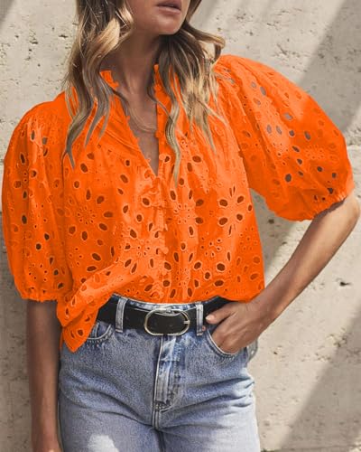 BETTE BOUTIK Women's Long Short Sleeve Tops 2025 Dressy Casual Button Hollow Out Lace Embroidered Blouses Shirts