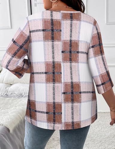 Image of Koscacy Women Plus Size V Neck 3 /4 Roll Sleeve Sweater Casual Knit Tops Solid Color Blouses