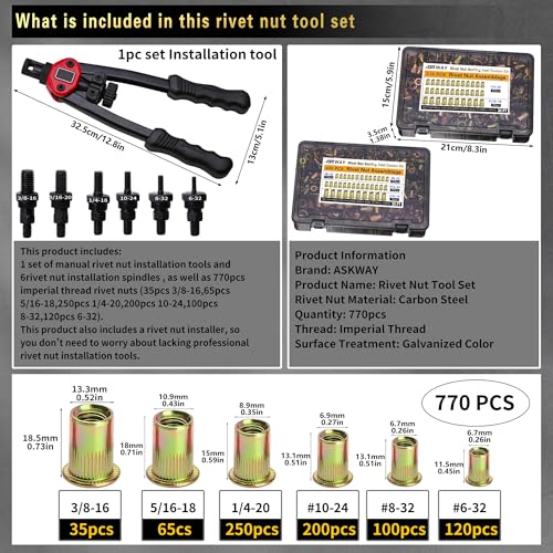image for AskWay ASE Pressure Rivet Nut Tool Kit, 770PCS (3/8-16,5/16-18,1/4,10-