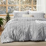 Bedsure Tufted Boho Comforter Set Queen Size - Light Grey Boho Bed Set, GentleSoft™ 3 Pieces Farmhouse Shabby Chic Embroidery Bedding, Gifts for Woman, Soft Jacquard Queen Comforter for All Seasons
