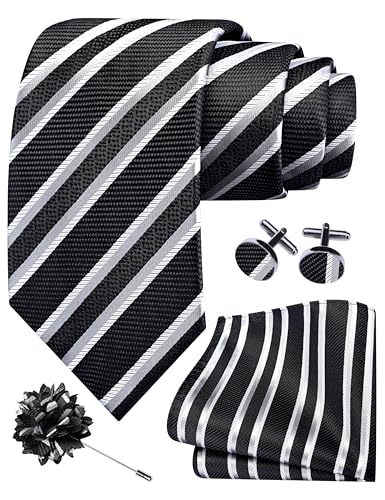 Image of GUSLESON 3.15 inch（8cm） Mens Stripe Tie and Lapel Pin Necktie Hankerchief Cufflinks Set for Men
