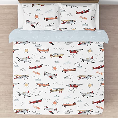Image of Sweet Jojo Designs Vintage Airplane Boy Full Queen Bedding Set Kids Comforter Childrens Size - 3 Pieces - Grey Yellow Orange Red White Blue Airplanes Air Plane Transportation Clouds Sun Sky Aviator
