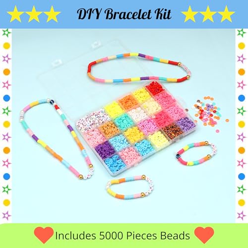 Image of ambitieux Diy Bracelet Making Kit - 6000+ Pcs 24 Colorful Clay Beads, 10M Elastic Thread, Jute Bag, And Cutter - Gift For Girls Birthdays (Clay Beads 1),Multicolor
