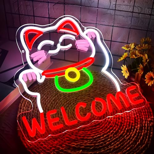 Image of Welcome Cat Neon Sign for Wall Decor Dimmable Lucky Cat Business Neon Light Suitable for Man Cave Store Shop Bar Restaurant Commercial Street Christmas Birthday Gift Size13*13In(WZCP012)