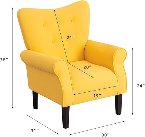 Miniatura 10 de YOLENY Silla con respaldo de ala de mediados de siglo, moderna silla de respaldo alto de tela tapizada con patas de madera, sofá individual tapizado